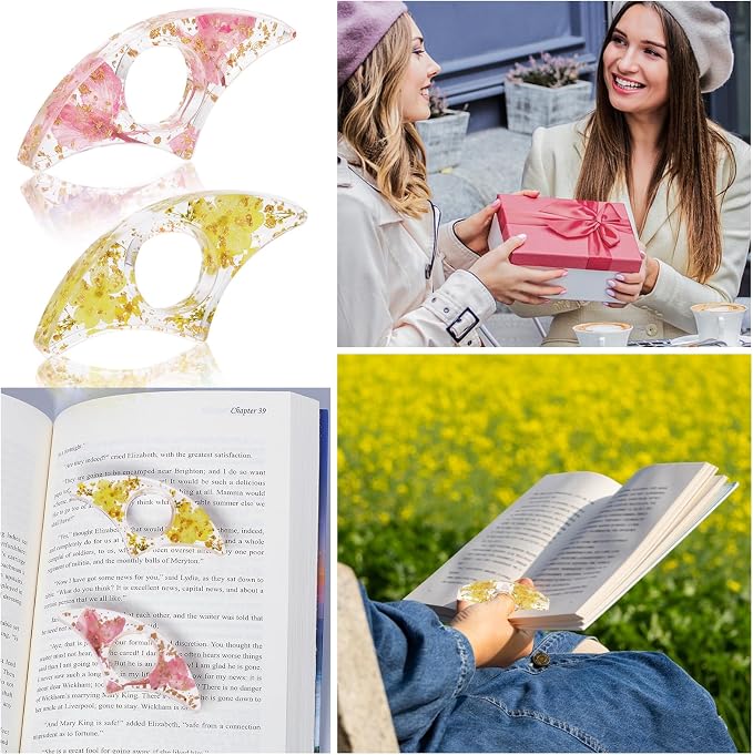 Book Page Holder, Tumwisk 2PCS Reading Accessories, Handmade Dried Flower Thumb Page Holder, Reading Accessories for Book Lovers, Resin Thumb Bookmark Gifts for Readers（Pink and Yellow