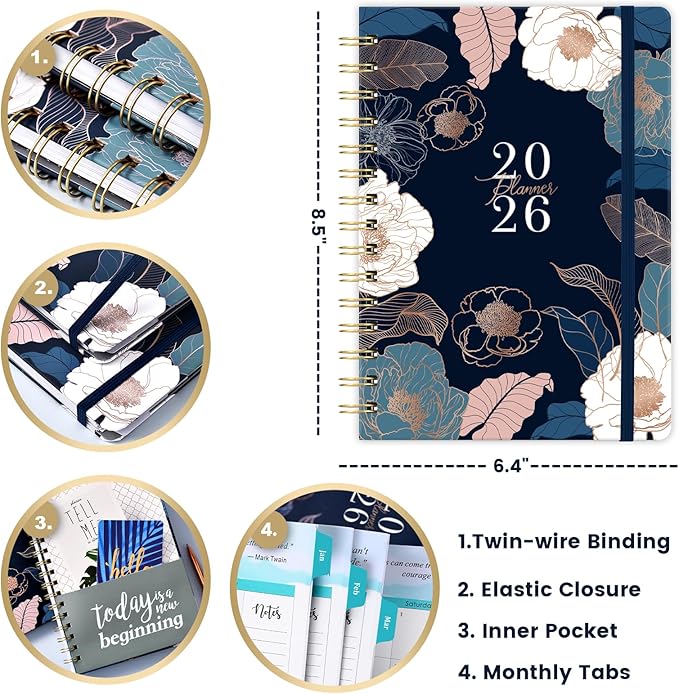 2026 Planner - Jan. 2026 - Dec. 2026, 2026 Planner Weekly and Monthly with Tabs, 6.3" x 8.4", Planner 2026, Hardcover with Back Pocket + Thick Paper + Twin-Wire Binding, Perfect Daily Organizer