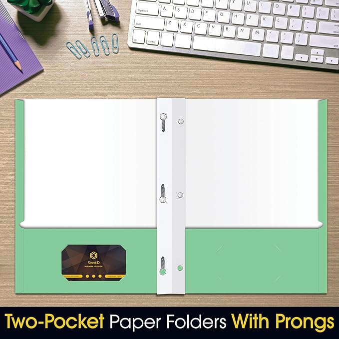 2 Pocket Portfolio Folders with Prongs (Metal Fastener Clips), 25 Pack, Cool Trendy Colors, Fits Letter Size Paper, for School, Office, Home, Matte Finish (Mint Green)