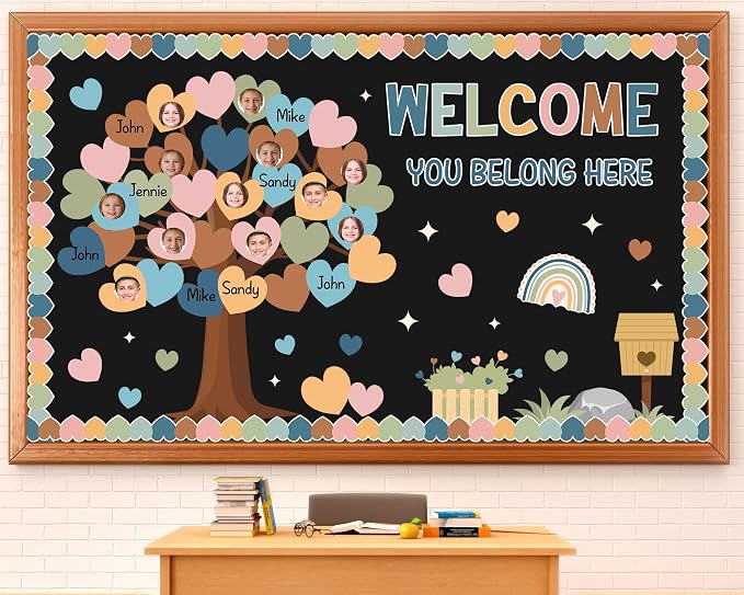85pcs Boho Classroom Tree Bulletin Board Heart DIY Photo Name Tags Crafts Cutouts Back to School Rainbow Accents You Belong Here Welcome Classroom Decor for Nursery Elementary Chalkboard Wall Decor