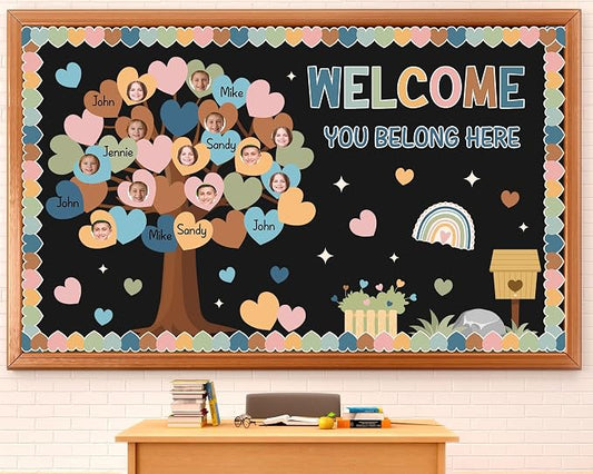 85pcs Boho Classroom Tree Bulletin Board Heart DIY Photo Name Tags Crafts Cutouts Back to School Rainbow Accents You Belong Here Welcome Classroom Decor for Nursery Elementary Chalkboard Wall Decor