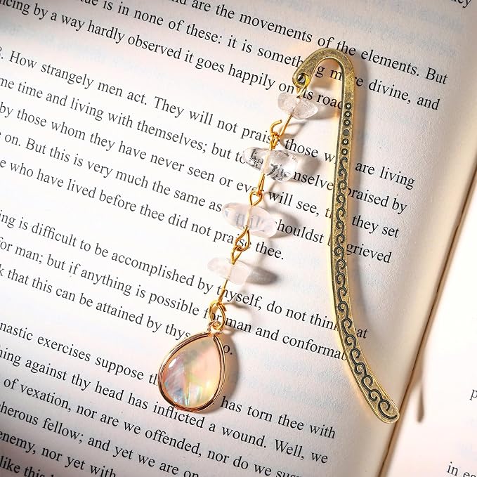 Vintage Metal Pendant Bookmark with Opal Drop Shell&Clear White Quartz Crystal StonesBead Chain–Elegant Natural Stone Protein Bookmarks for Women,Men,Book Lovers and Girls(Bronze)