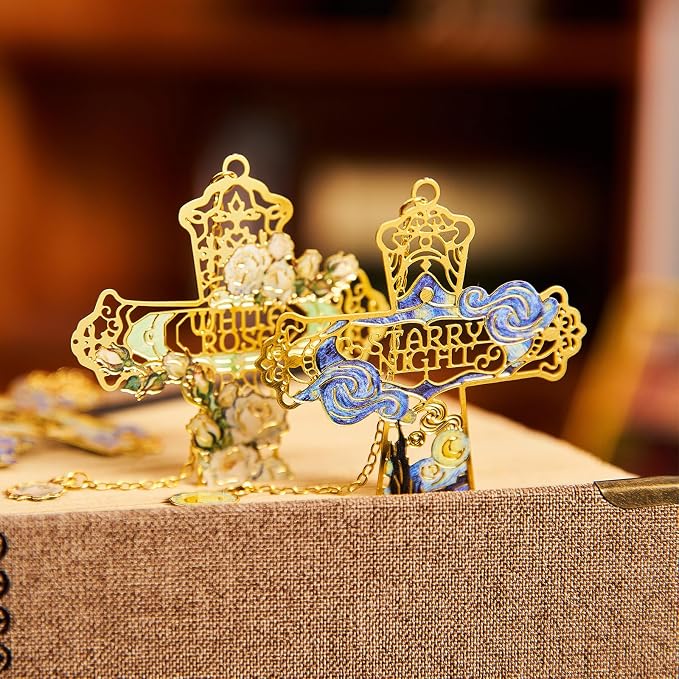 4PCS Cross Metal Bookmarks, Vintage Van Gogh Bookmark, Christian Gift, Book Lover Gifts for Teacher Writers Readers Adults