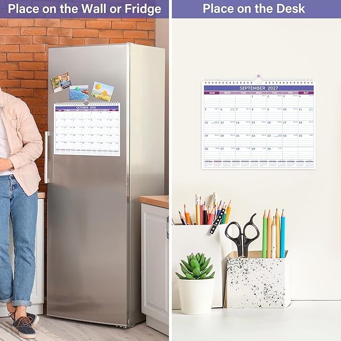 Wall Calendar 2026-2027 - Calendar 2026-2027, Jul. 2026 - Dec. 2027, 11" x 8.5", 18 Monthly Calendar 26-27, Hanging Hook + Ruled Blocks - Purple