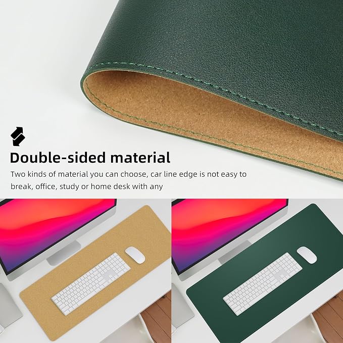AFIING Leather Desk Pad Protector, Large Desk Mat with Natural Cork & PU Leather, Mouse Pad, Non-Slip, Waterproof Desk Writing Pad for Office and Home (Dark Green)