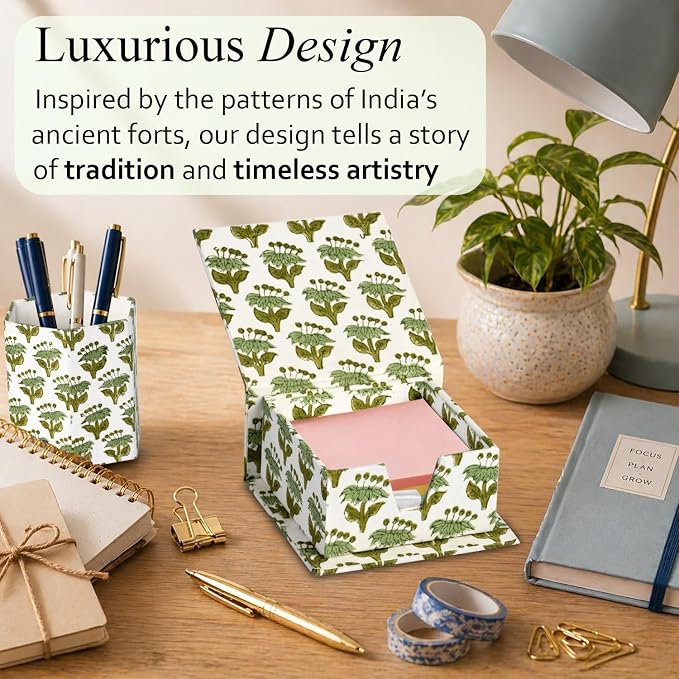 CPC Emerald Green Block Print Cotton Desk Organizer Sticky Note Holder, 4'' X 4'' X 2'' Cute, Aesthetic, Decor Accessories, Workspace Organizers, Caddy Storage, Gift for Office, Professionals, Student
