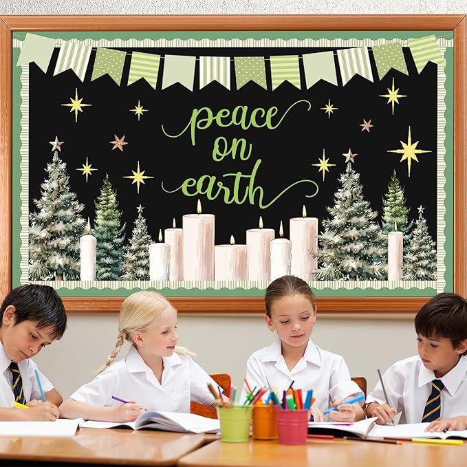 Christmas Theme Party Bulletin Board Sets Decorations Peace on Earth Bulletin Board Decorations Set Xmas Theme Party Paper Cutouts for Kids Students Classroom School Office Home Holiday Wall Decors