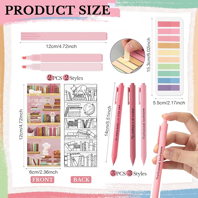 Spakon 7 Pcs Book Lovers Gifts for Readers Bookish Book Annotation Kit Aesthetic Pastel Highlighters No Bleed Gel Pens Reading Tabs Bookmark for Women Library Student Bible(Pink Series)
