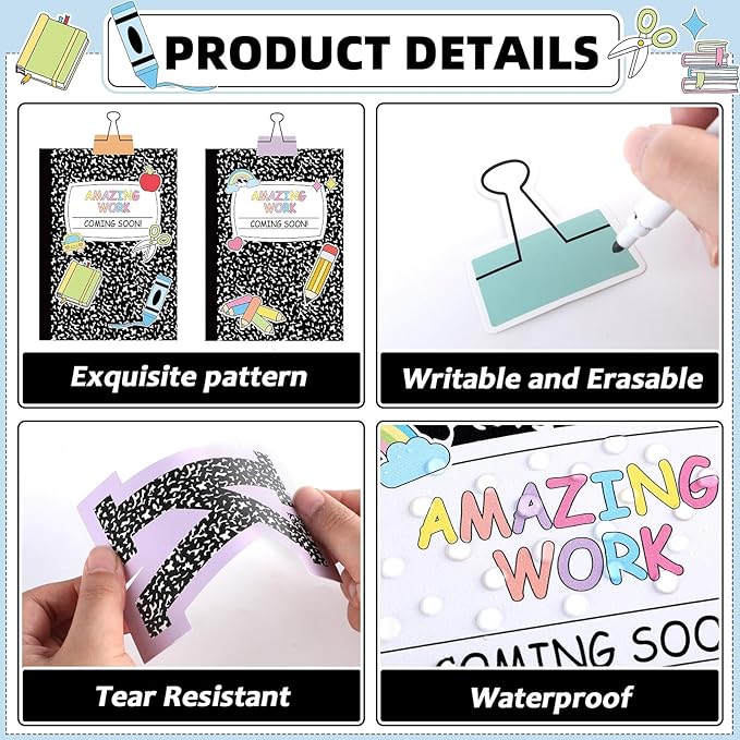 Wiooffen 154 Pcs Student Work Display Bulletin Board Set Cutouts with Clips Names Display Inspirational Student Works Classroom Wall Decor for Teachers Back to School Supplies Composition Notebook