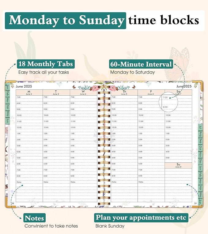 2026 Appointment Book, Hardcover Planner 12 Months Weekly and Monthly (January 2026 - December 2026), 8.5"x11" Daily Hourly Planner 60-Minute time Slots, Spiral Calendar Schedule Book for Work School Teacher Student, Purple Floral