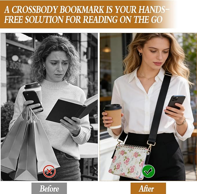 2 Pack Adjustable Crossbody Bookmark with 10 Inch Detachable Strap Embroidered Leather Book Carrier for Women Hands-Free Reading Accessories Book Marks for Book Lovers and Readers