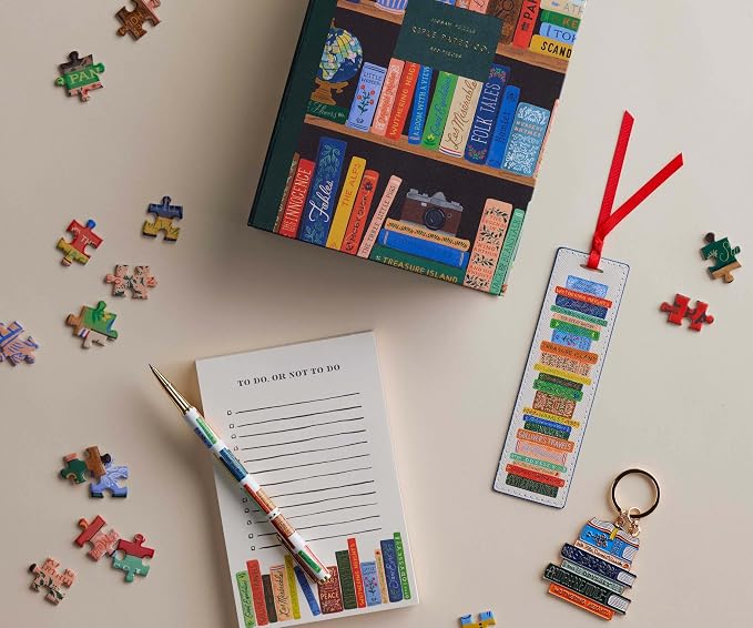 RIFLE PAPER CO. Book Club Bookmark 6" L x 1.75" W, Saffiano PU with a Grosgrain Ribbon, Metallic Gold Foil Logo, Perfect for Book Lovers, Writers, & Readers