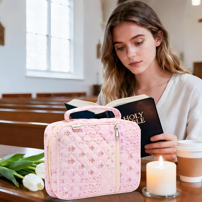 Quilted Bible Cover Case for Women with Bible Study Supplies Journaling Kit Floral Bible Bag Carrying Case with Pastel Highlighters Tabs, Women Christmas Christian Gifts (Purple Pin, M)