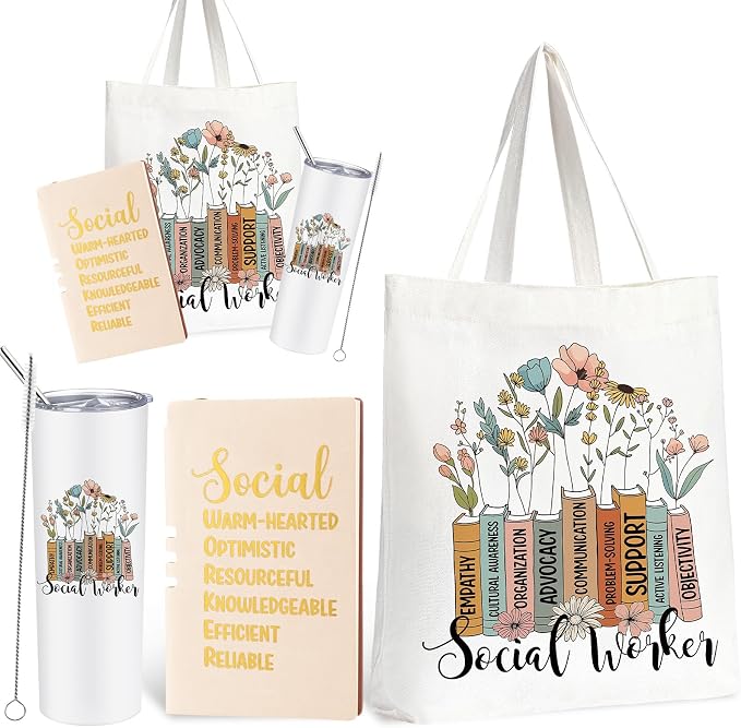 Fuutreo 3 Pcs Social Worker Appreciation Gift for Women Include 20 oz Tumbler Cup Canvas Tote Bag Leather Journal Thank You Gifts for Teacher Coworker Volunteer BSW MSW DSW Graduation Party Favors