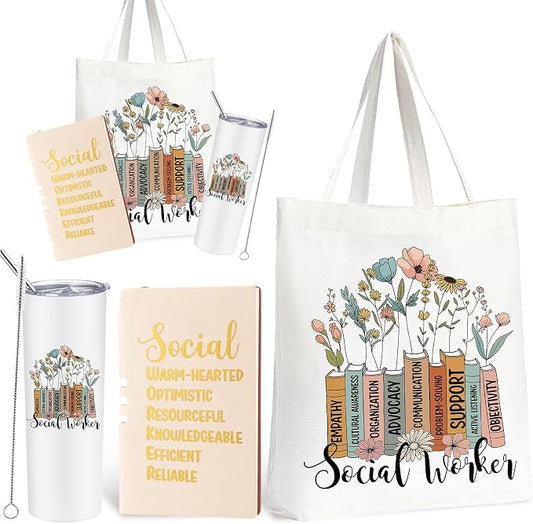 Fuutreo 3 Pcs Social Worker Appreciation Gift for Women Include 20 oz Tumbler Cup Canvas Tote Bag Leather Journal Thank You Gifts for Teacher Coworker Volunteer BSW MSW DSW Graduation Party Favors