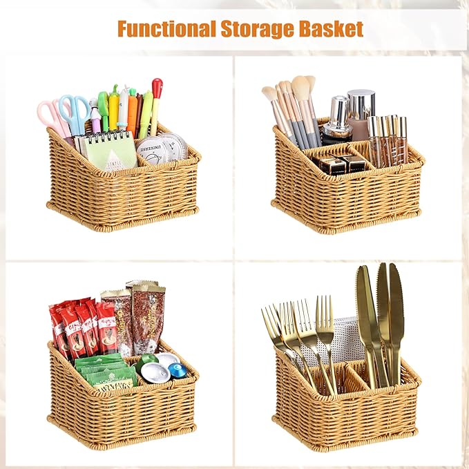 BTSKY 3 Slots Natural Woven Remote Control Holder for Desk Rattan Media TV Caddy Storage Holder Office Supply Storage Rack Desk Accessories Organizer For Living Room Bedroom Countertop, Beige