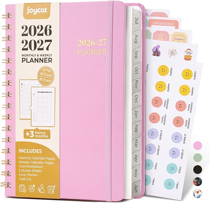JoyCat Academic Planner 2026-2027, July 2026 - June 2027, A5 Weekly & Monthly Planner, Hardcover Agenda with Tabs, 5 Sticker Sheets, Elastic Closure & Pocket for Teachers & Students, 6.3" x 8.5", Pink