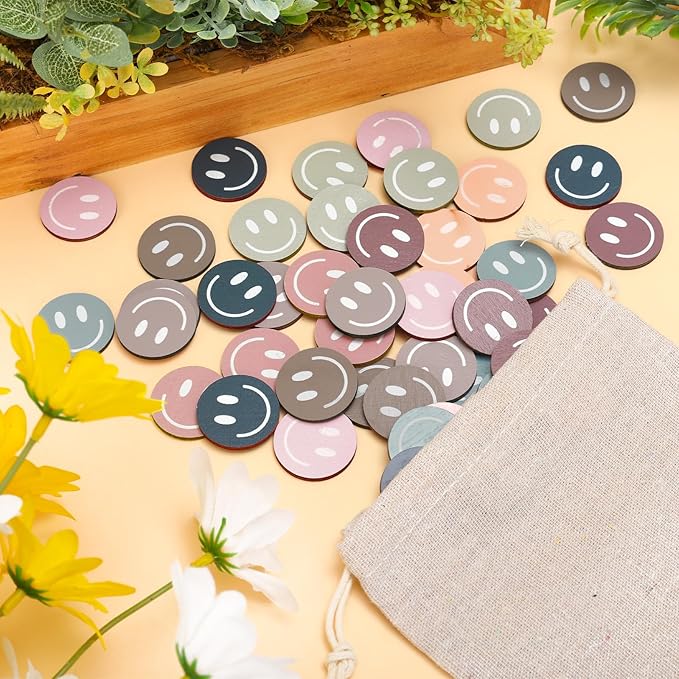JarThenaAMCS 45 Pcs Boho Smile Extra Tokens for Reward Jar Colorful Happy Face Wooden Cutouts with Linen Pocket 9 Colors Wooden Tokens for Back to School Student Teacher Home Classroom