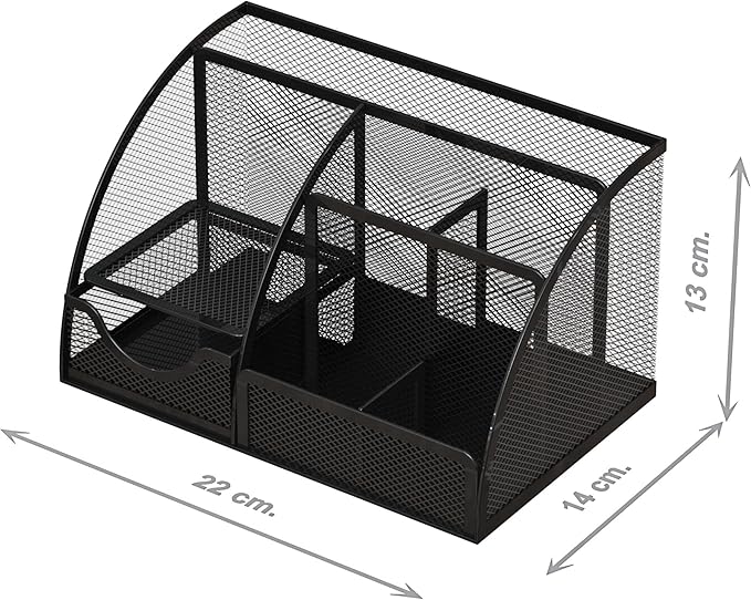 Desk Organizer and Pencil Case with Drawer and 6 Compartments in Black Metal Mesh. Space-Saving Desk Organizer for Pens, Pencils, Sticky Notes, Clips and Staplers