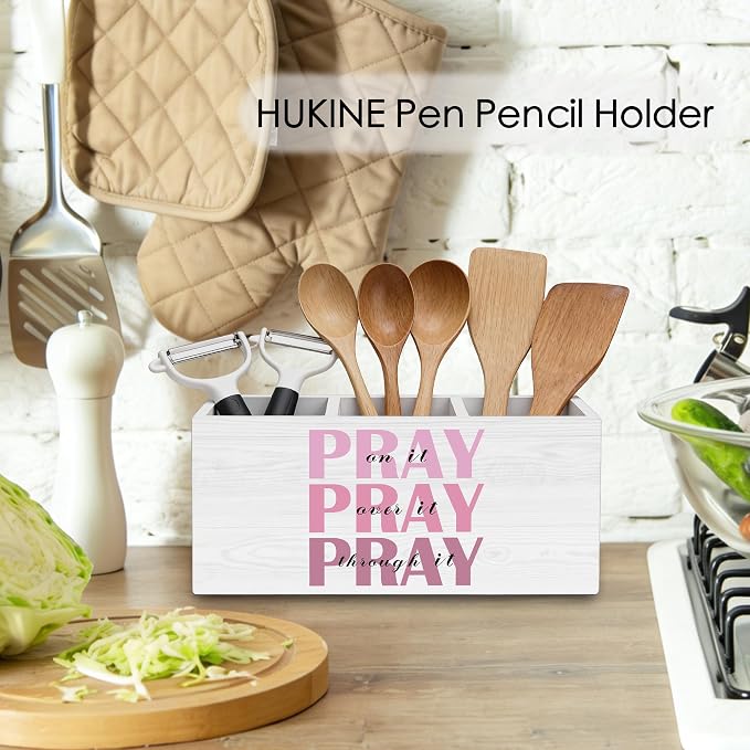 Pray on It Pray over It Bible Verse Pen Holder for Desk Decoration, Pink Inspirational Christian Wooden Box Sign Pencil Holder Organizer for Home Office Desk Accessories, Christian Gifts