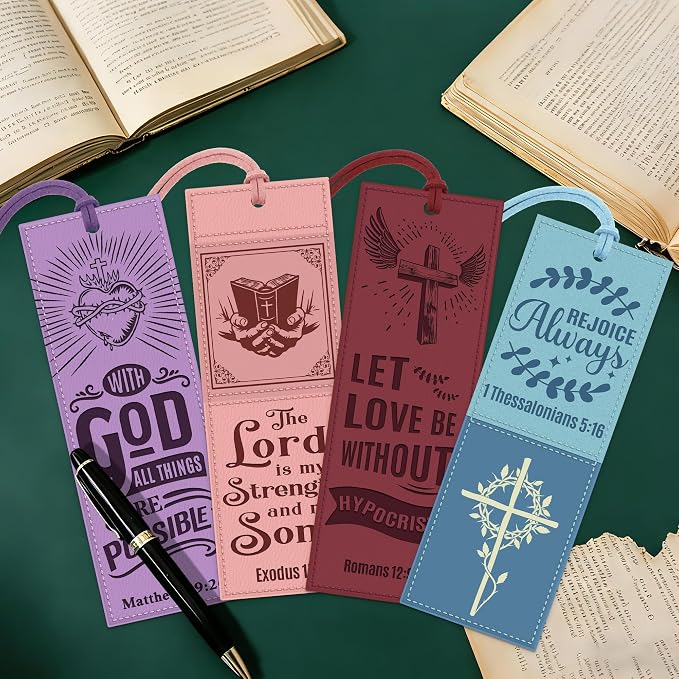 8PCS Leather Bookmark Bible Bookmarks for Reading Women Men Teacher Book Lovers Gifts, Vintage Religious Christian Bookmark Page Markers Inspirational Bible Verse Scripture Book Marks (Morandi)