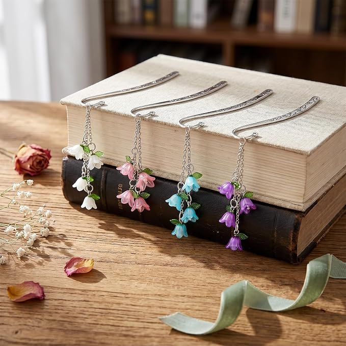 4PCS Bookmarks for Women Reading Metal Book Mark for Readers Book Lovers Aesthetic Cute Bookmarks Silver Personalized Floral Bookmark with Pendants Pretty Book Accessories Reading Gifts