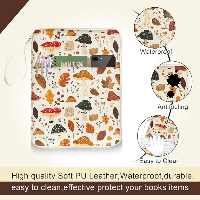 Book Sleeve Book Cover Bag, PU Leather Waterproof Book Pouch, Book Protector Case with Zipper, Fall Autumn Leaf Mushroom Print Portable Book Cover Bag for Book Lovers Gifts Paperbacks Hardcover