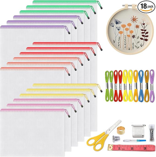Umriox Zipper Mesh Document Pouch, 14.9x11.0 (6 Colors, 18 Packs), Clear Zipper Pouches, Waterproof Zipper Pouches for Craft Projects Office Supplies Cosmetics Travel Storage