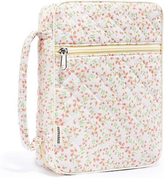 shirabags Quilted Bible Cover Case for Women - Elegant Cotton Bible Bag for Study, Church, Christian Gifts for Women (Pink Floral, M)