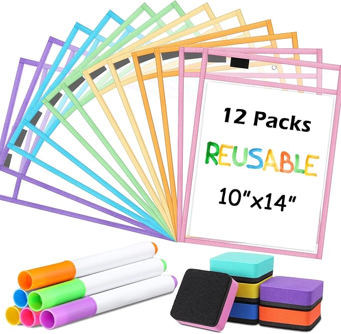 24 Pcs Dry Erase Pocket Reusable Sleeves 10" x 14" Clear Plastic Sheet Protectors with Markers and Mini Dry Erasers for Paper(Pastel)
