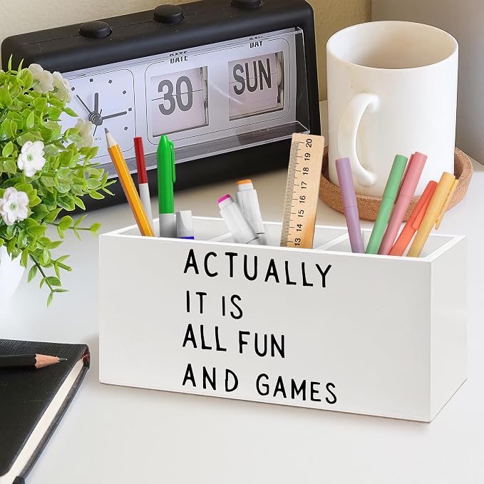 Funny Pen Holder, Actually It Is All Fun and Games Funny Office Pen Pencil Holder Organizer for Desk Accessories, Trendy Minimalist Wooden Box Desk Decor for Home Office Desk Decorations