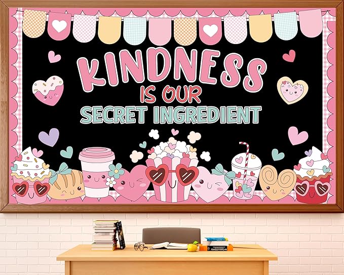 Valentine's Day Bulletin Board Decoration Set Valentines Kindness Classroom Decoration Colorful Heart Coffee Cup Cookies Cutouts for Valentines School Classroom Chalkboard Wall Decor Party Supplies