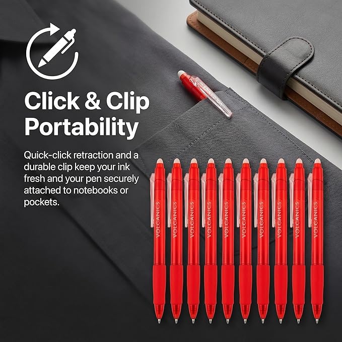 Volcanics Erasable Gel Pens Red Ink, 12 Pack Retractable Clicker Gel Ink Pen, 0.7mm,Fine Point Smooth Writing for Office Work Journaling