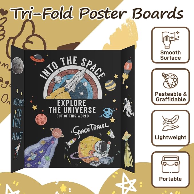 PSHVYM 4 Pcs Black Trifold Poster Board, 26 x 17 inches Poster Board with Double Sided Tapes and Cardboard, Corrugated Presentation/Display Board for School Project, Science Fair, Business