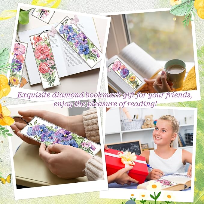 4pcs Flower Diamond Art Bookmarks Kit Floral Diamond Bookmarks for Adults 5D DIY Diamond Art Kit for Spring Reading Lover Book Lover Students DIY Gem Crafts Supplies Gift