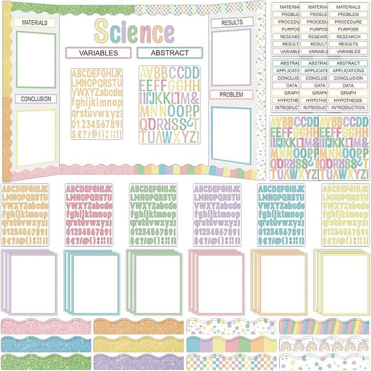 122 Pcs Science Fair Board Supplies 72 Glitter Pastel Candy Trim Scalloped Borders 36 Presentation Board Subtitles 6 Self Adhesive Project Titles 8 Letter Stickers for Classroom Office Decor(Pastel)