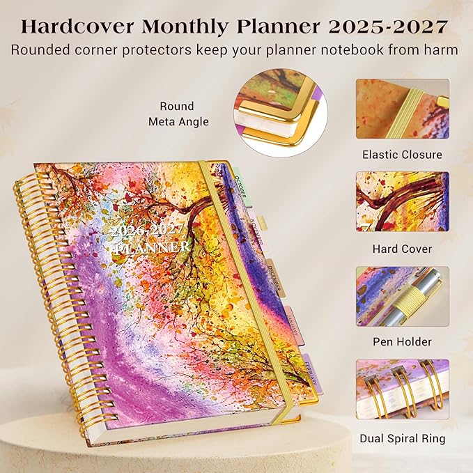 Planner 2025-2027, 21 Months Weekly and Monthly Daily Planner from October 2025 - June 2027, 8.5" x 11" A4 Large Hardcover Agenda Organizer Book 2026 with Tabs, Spiral Yearly Calendar Planners for School Work Home, Autumn Tree