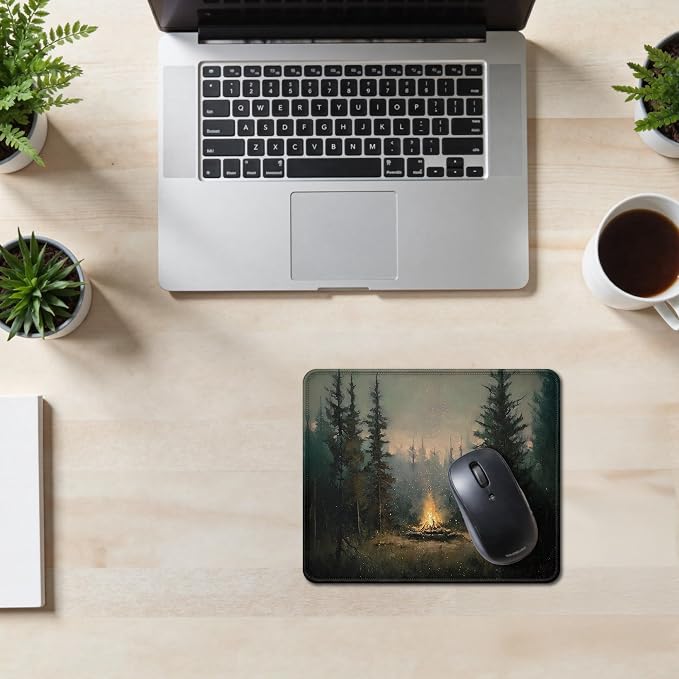 Vintage Moody Forest Camping Mouse Pad, Camping Lovers Camper Gifts, Rustic Pine Tree Campfire Mouse Pad for Home Office Computer Gaming Desk Essentials, 9.5x7.9 Inch