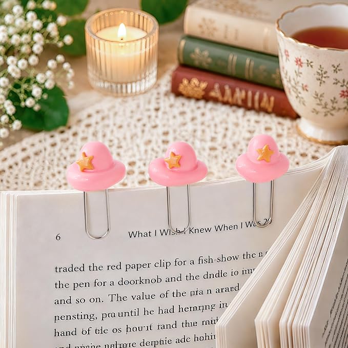 Handmade Bookmarks for Women, 3 Pcs Polymer Clay Cute Pink Hat Bookmark for Book Lovers Students Teachers, Unique Reading Accessories Page Markers
