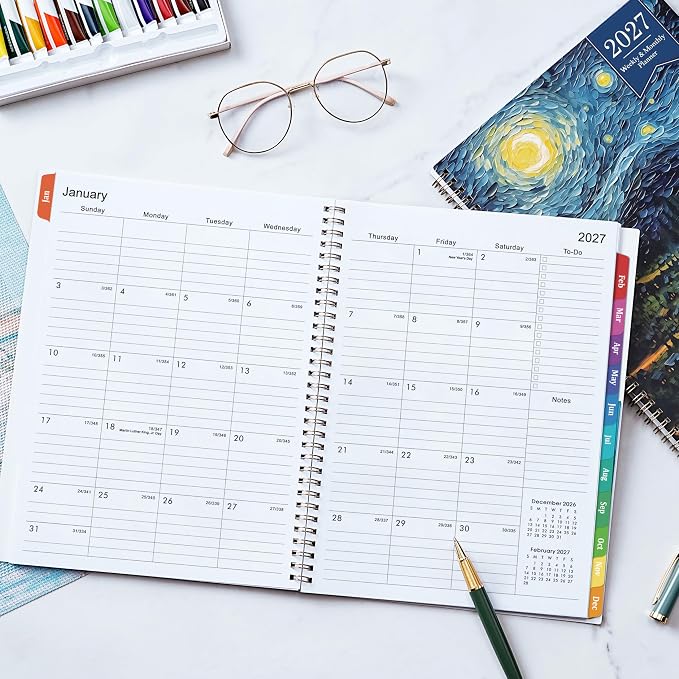2027 Planner - 2027 Planner Weekly and Monthly, Planner 2027, Jan 2027 - Dec 2027, 8.5" x 11", Monthly Planners with Colourful Tabs & Pocket, Flexible Cover, Twin-Wire Binding- Oil Painting