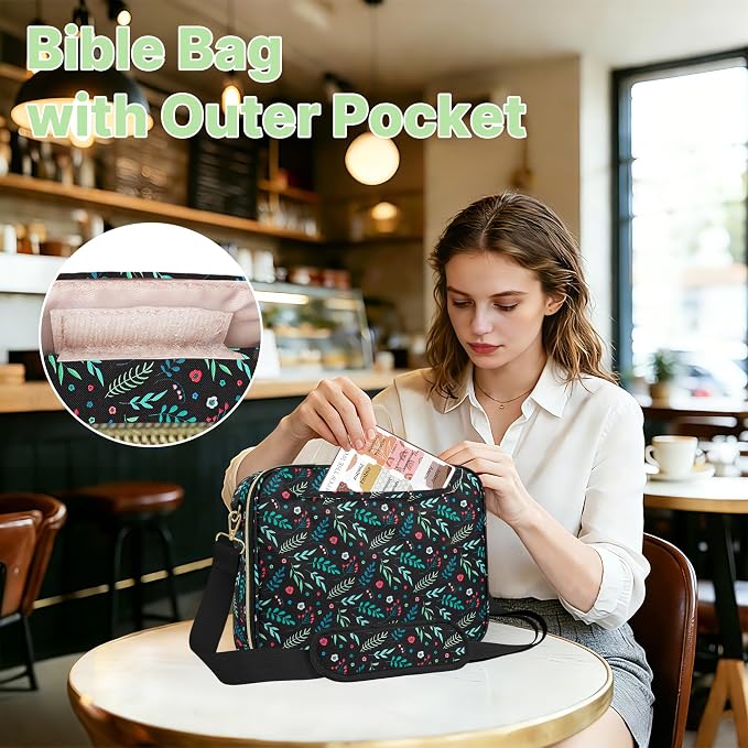 PUGPIU Bible Cover Case for Women, Large Quilted Bible Bag with Shoulder Strap and Handle, Bible Study Supplies Journaling Kit with Highlighters Pens No Bleed Tabs Notebook Cross Clips (Leaf)