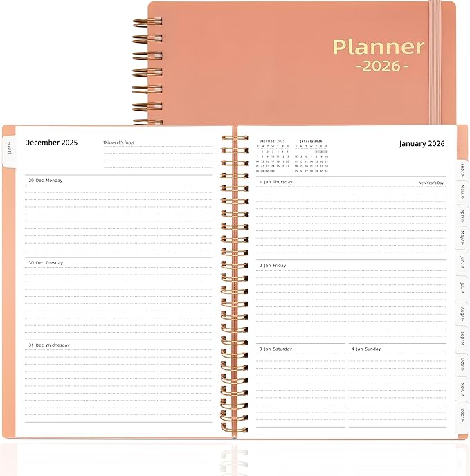 Day Planner 2026, Weekly and Monthly Planner 2026, Jan 2026-Dec 2026, 6.2" x 8.4", Calendar Daily Planner with Tabs & Pocket, 100GSM Thick Paper, Pink