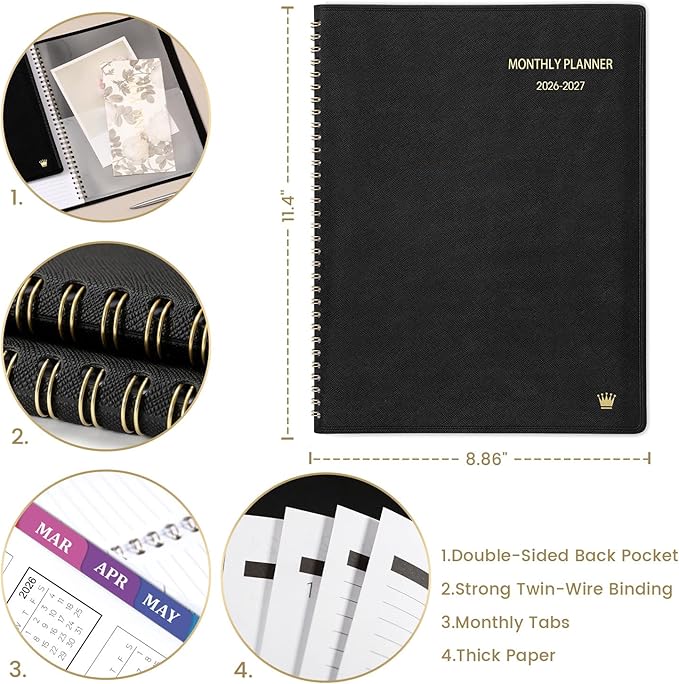 2026-2027 Monthly Planner - 18 Monthly Planner/Calendar 2026-2027, Jul. 2026 - Dec. 2027, 8.86" x 11.4", Calendar Planner with Colorful Tabs, Faux Leather, Pocket, Note Pages, Twin-Wire Binding