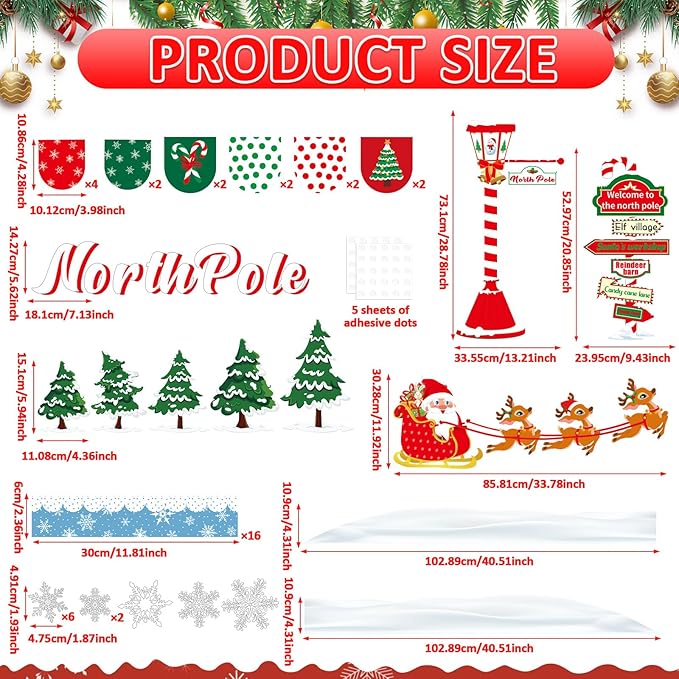 Christmas Bulletin Board Decoration Set North Pole Sign Classroom Decorations Santa Reindeer Xmas Elk Snowflakes Paper Cutouts for Winter Holiday Party School Classroom Home Chalkboard Wall Decor