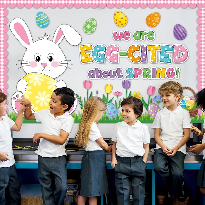 Easter Bulletin Board Set Spring Bunny Egg Flower Classroom Decorations We are Egg Cited About Spring Bulletin Board Bunny Cutouts for Happy Easter Classroom School Nursery Home Chalkboard Wall Decor