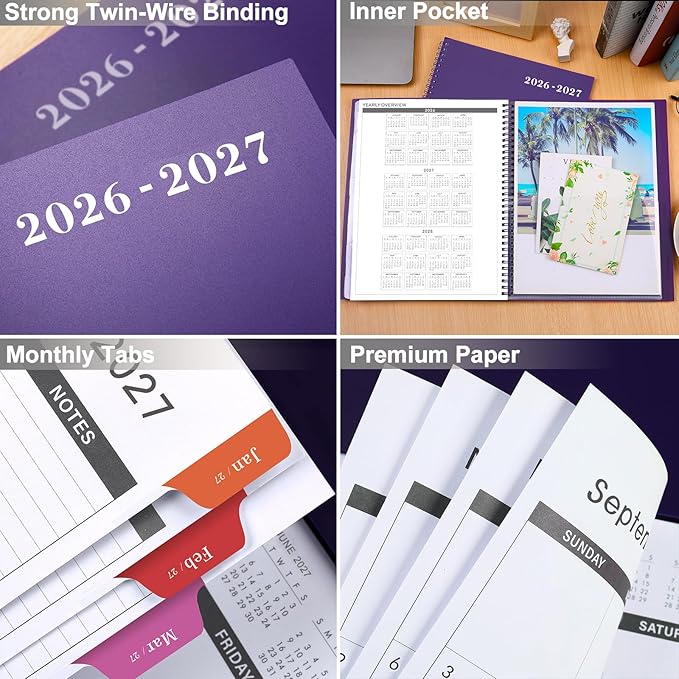2026-2027 Monthly Planner - Planner/Calendar 2026-2027, JUL 2026 - DEC 2027, 9" x 11", 18 Monthly Planners with Tabs, Pocket, Label, Contacts and Passwords, Twin-Wire Binding- purple