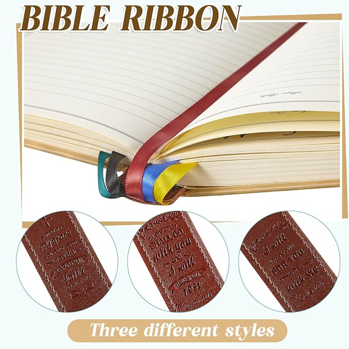 Outus 3 Pieces Bible Ribbon Bookmark Markers Artificial Leather Bookmark with Ribbons for Books Office(Encourage,Yellow,Blue,Red,Green)