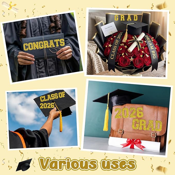 Gold 175 Pcs Graduation Photo Display Board Sticker Glitter Border Trim Alphabet Letter Number for 2026 Grad Party Trifold Poster Photo Display Science Fairs Event Displays Bulletin Board
