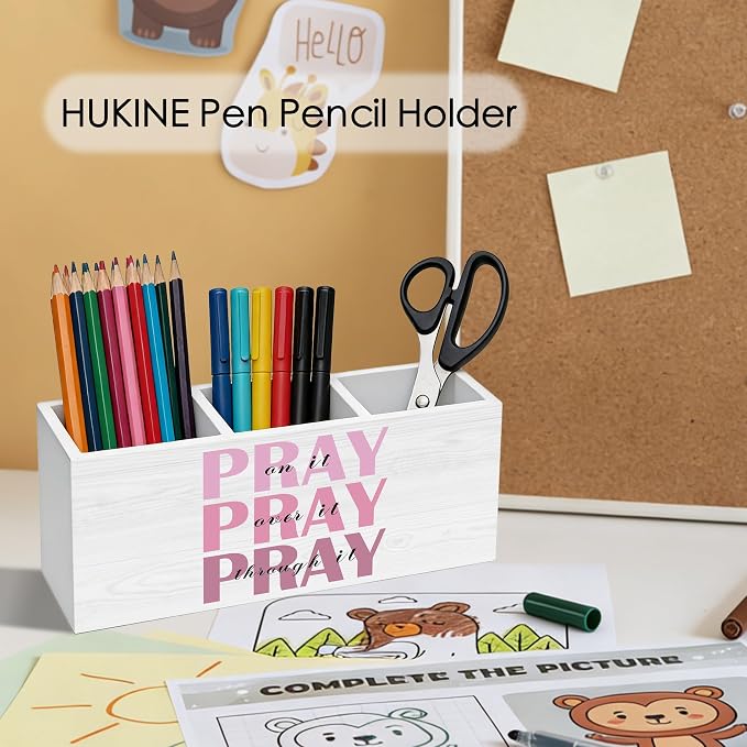 Pray on It Pray over It Bible Verse Pen Holder for Desk Decoration, Pink Inspirational Christian Wooden Box Sign Pencil Holder Organizer for Home Office Desk Accessories, Christian Gifts