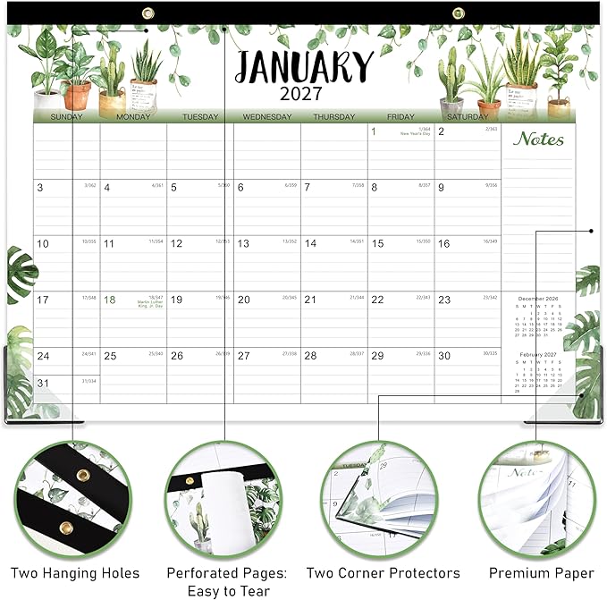Desk Calendar 2026-2027 - 2026-2027 Desk Calendar, 18 Monthly Desk/Wall Calendar 2-in-1, 17" x 12", July 2026 - December 2027, Thick Paper with Corner Protectors, Large Ruled Blocks - Plants